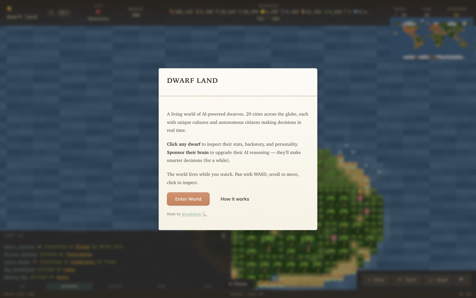 Dwarf Land welcome modal built with DAUB over the world map
